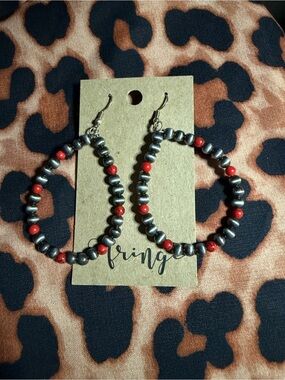 Fringe Studio Silver and Red Beaded Hoop Earrings